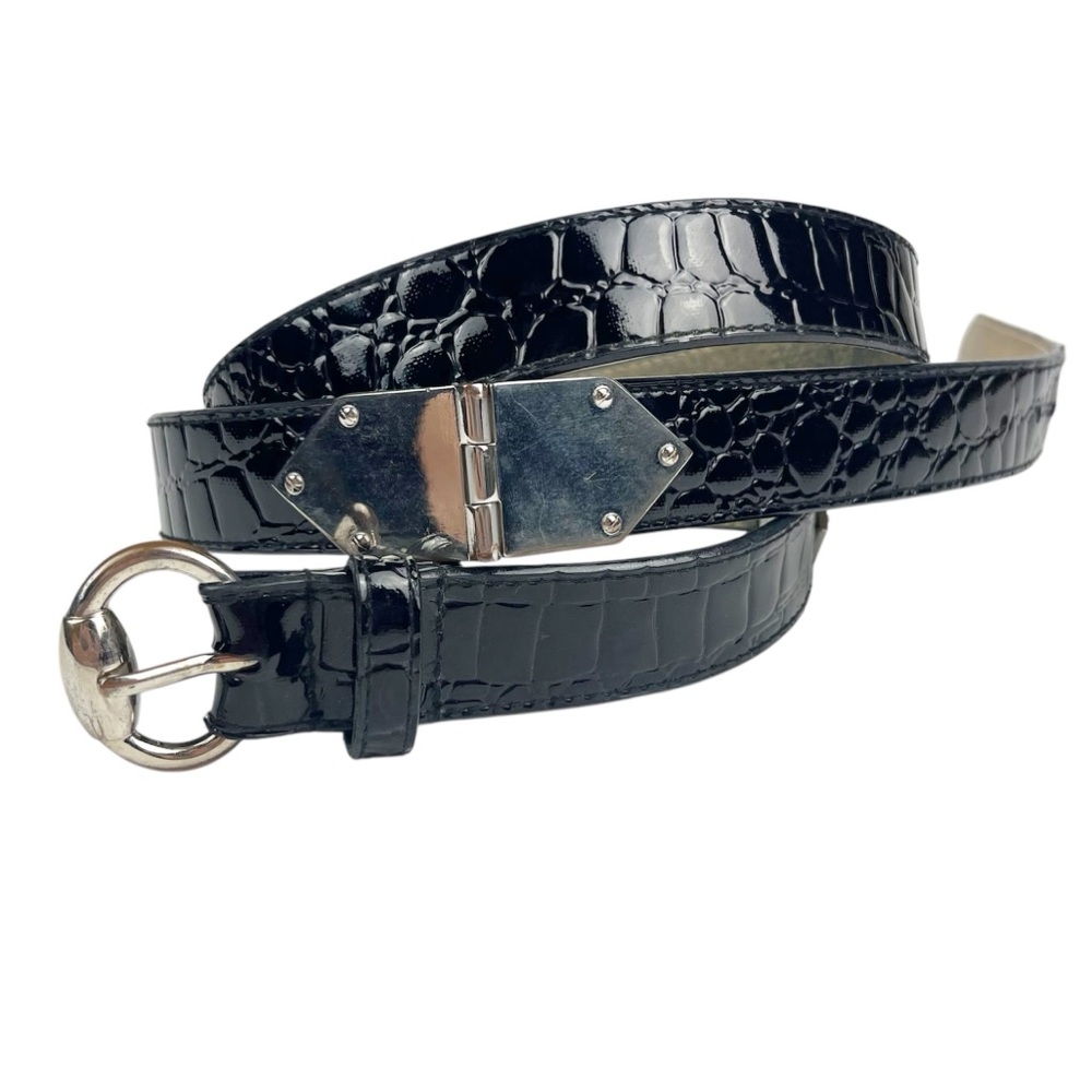 Chico’s Black Embossed Patent Leather Belt Silver Accents